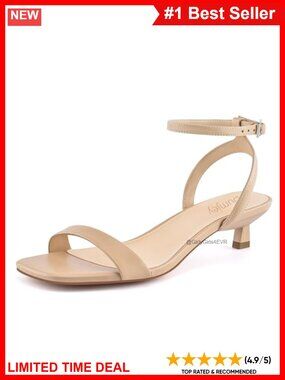 Kitten Heel Sandals Square Open Toe Ankle Strap Low Heel Faux Leather